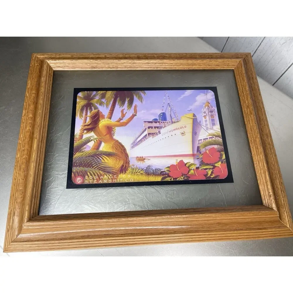 VTG Framed Kerne Erickson Aloha Towers S.S. City of Honolulu LA Textured Glass
